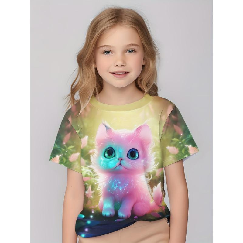 Sommar Ny Barn T-shirt Med Söt 3D Katt Tryckt Mönster Trendig Andningsbar Topp Hög Kvalitet Kortärmad Födelsedagspresent
