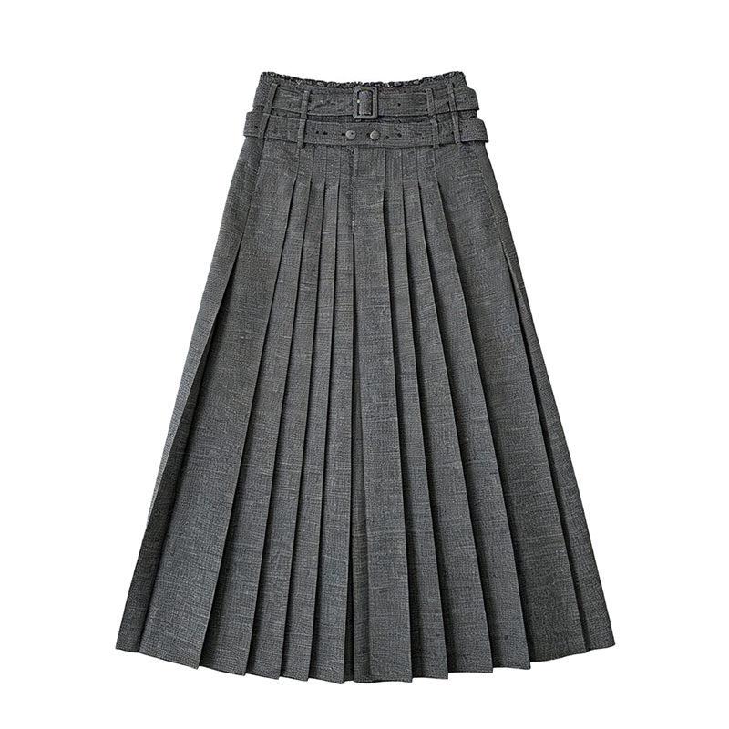 Korean Vintage Gray Pleated A-Line Midi Skirt L