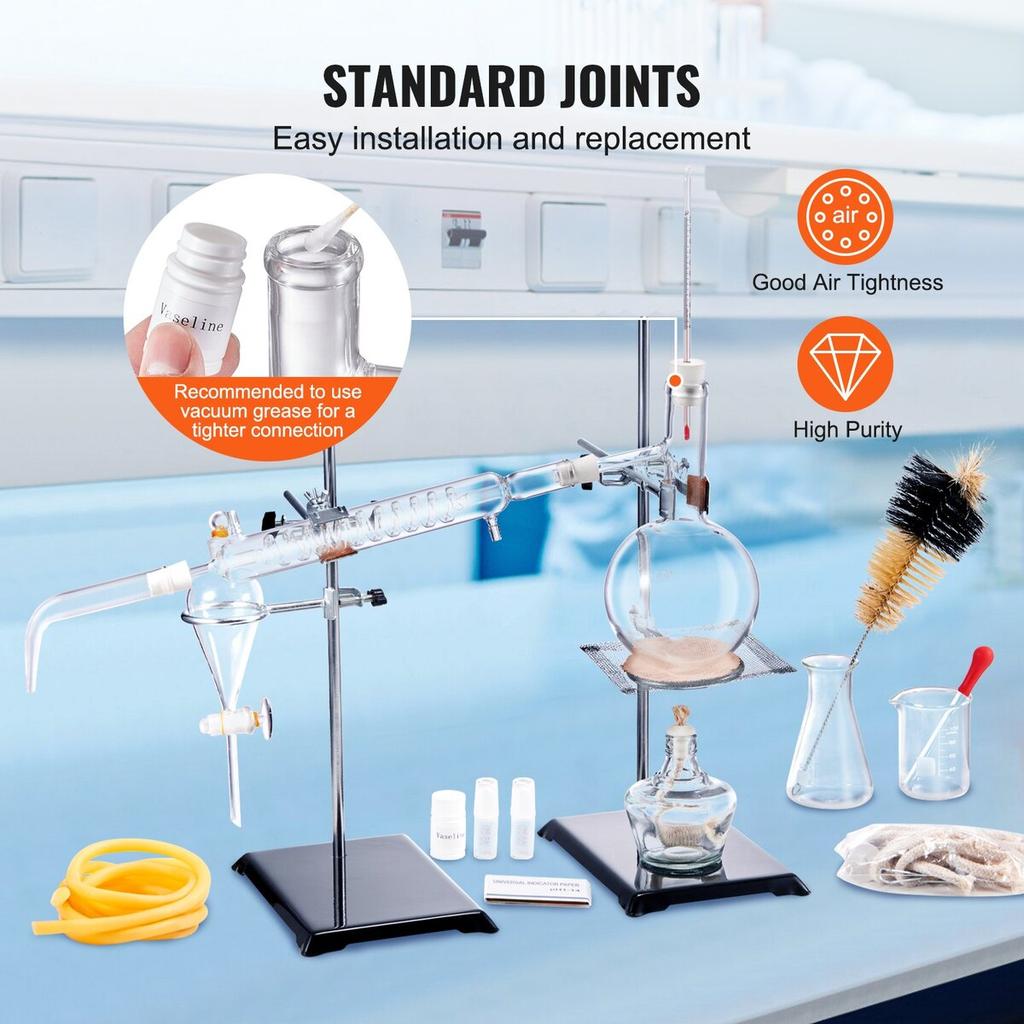 Essential Oil Distillation Kit, 500ml Distillation Apparatus, 3.3 Boro Lab Glassware Distillation Kit with Alcohol Lamp, Ceramic Mesh and 24, 40