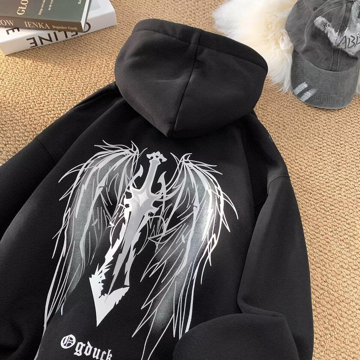 Leuchtender Schwerer Hoodie für Herren, Herbst/Winter, Samtgefüttert, Dick, Lockere Passform, Amerikanischer Stil für Teenager & Paare. M schwarz