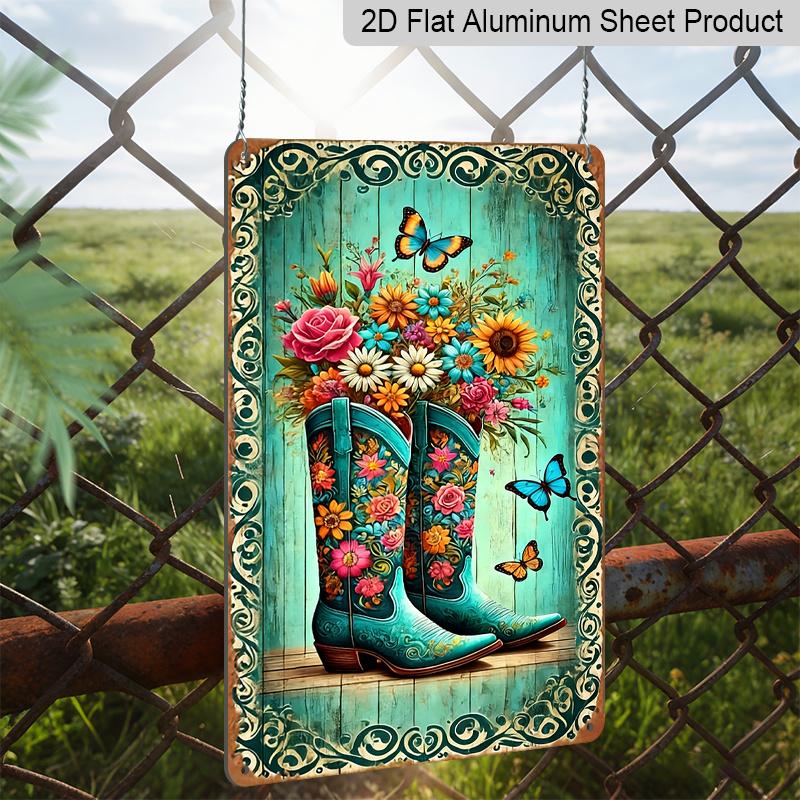 2D Flat, 1pc Western Retro Floral Boots Aluminum Wall Art Sign - 8x12 Inch Rustic Turquoise Boots with Vibrant Flowers & Butterflies, Durable