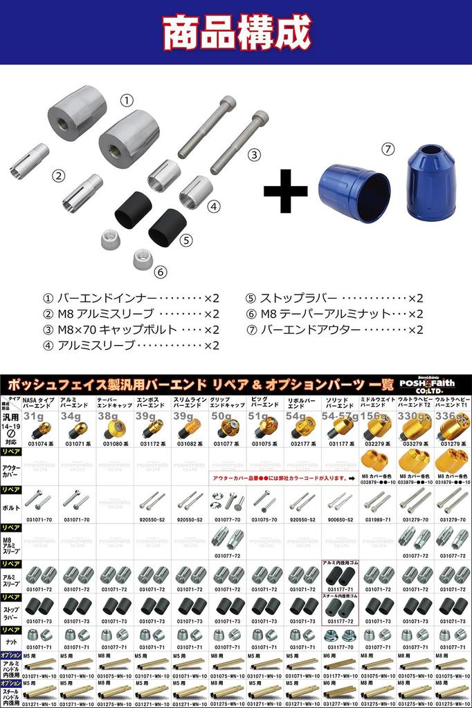 POSH FAITH Motorcycle Handlebar Ends Ultra Heavyweight Bar End Type 2 Inner Made In Japan Blue - (Universal Type, 14-19mm Diameter) - - - 033279-01-10