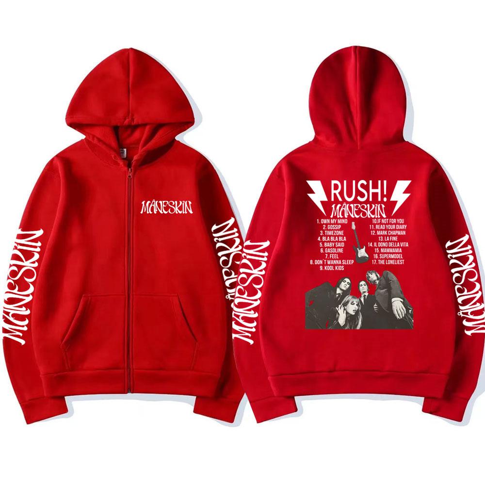 Felpa con zip poster Rush Maneskin Band Rock Italiana Uomo Donna Felpa Maschile Larga Moda Streetwear Y2k Cappotti