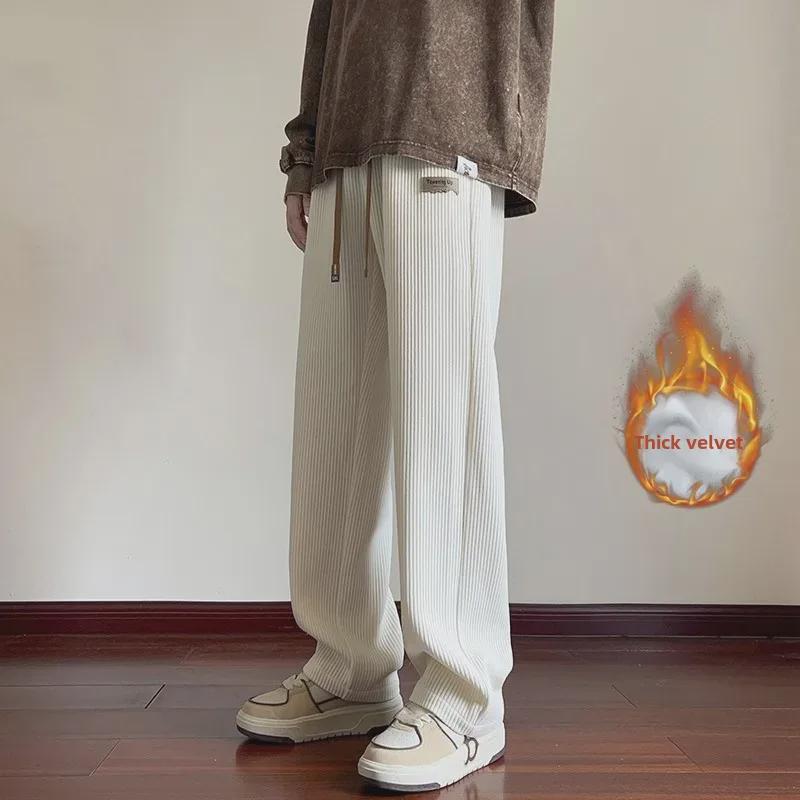 Khaki Velvet-Lined Corduroy Sweatpants for Boys - Oversized Wide-Leg Winter Trousers, American Style