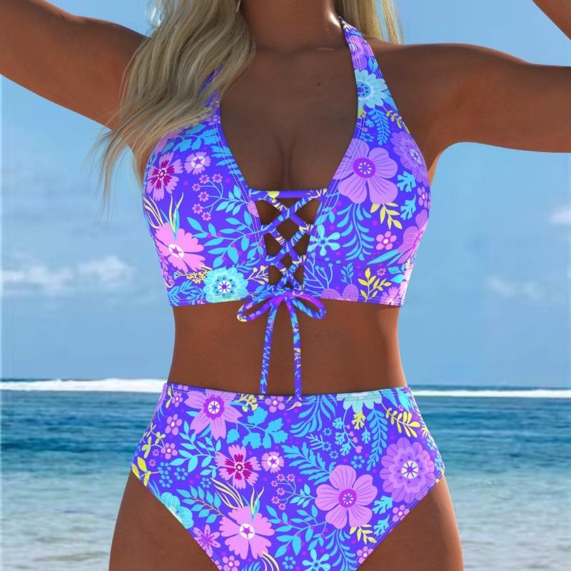 Nuovo Sexy Bikini Europeo e Americano per Commercio Estero con Pizzo Stampato e Laccetti Costume da Bagno Donna