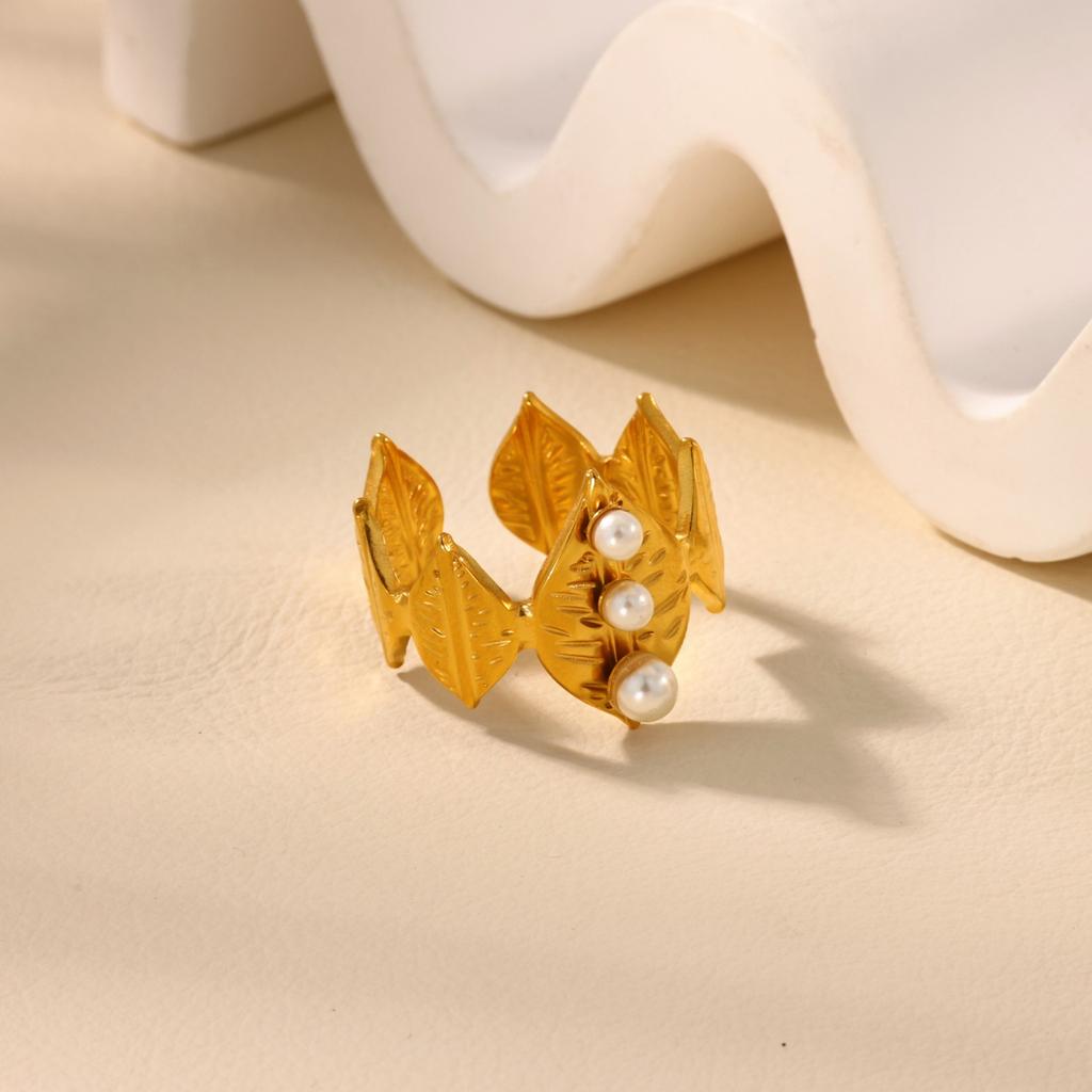 Imitation Pearl Leaf Rings For Women Men Gold Color Stainless Steel Ring Wedding Female Jewelry Christmas Gift Accessories