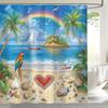 1 Tropical Island Parrot and Rainbow Print Shower Curtain, Polyester, Vibrant Beach Scene with Palm Trees, Shells and Seabirds