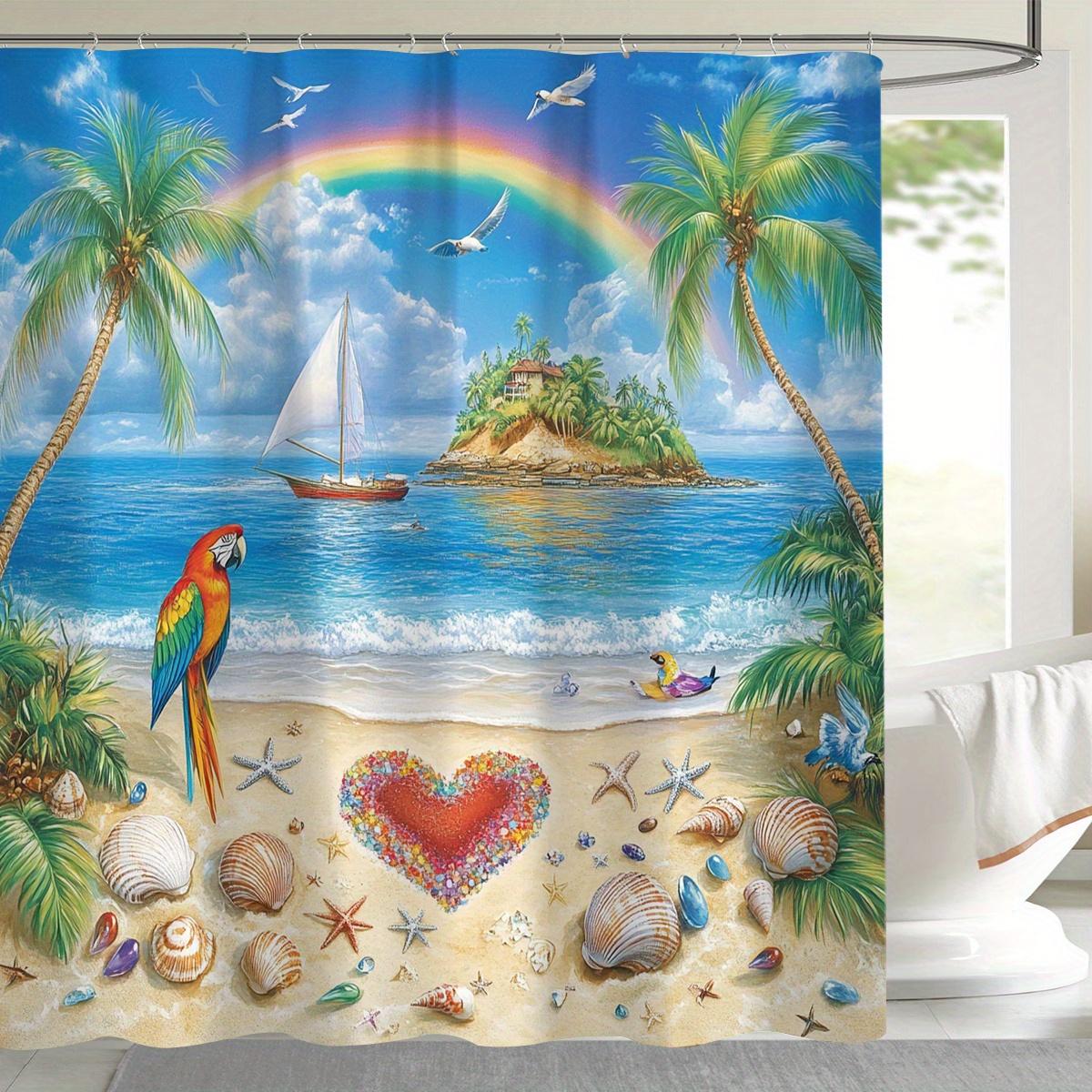 

1 Tropical Island Parrot and Rainbow Print Shower Curtain, Polyester, Vibrant beach scene with palm trees, shells and seabirds 90X180cm