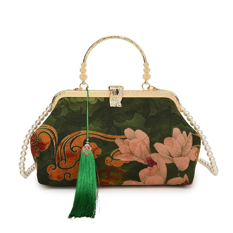 Tradisjonell kinesisk silkehåndveske med perlelås, vintage qipao-design crossbody-veske for bryllup og festivaler