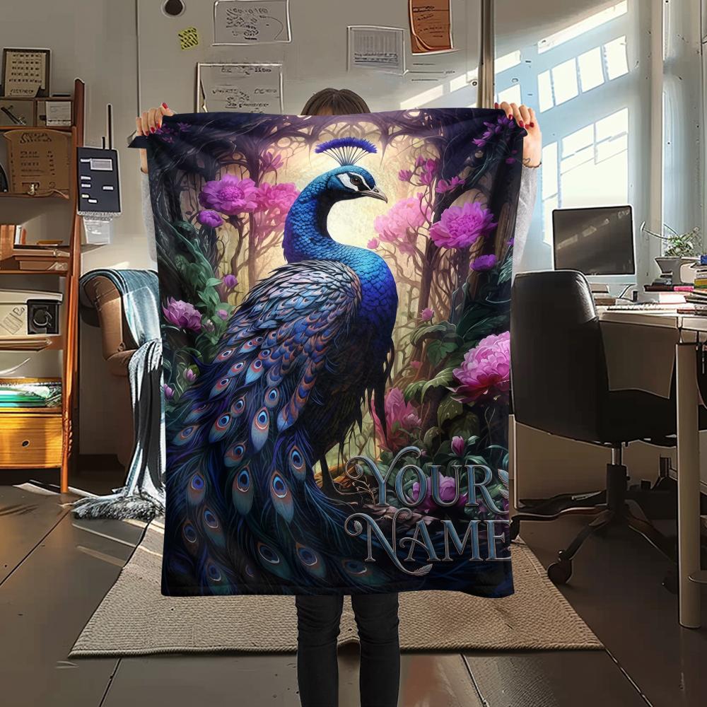 1PC Custom Name Peacock Forest Patterned Flannel Blanket Suitable For All Seasons for Home Decor Warmth and Comfort Gifts Holiday Present_lx