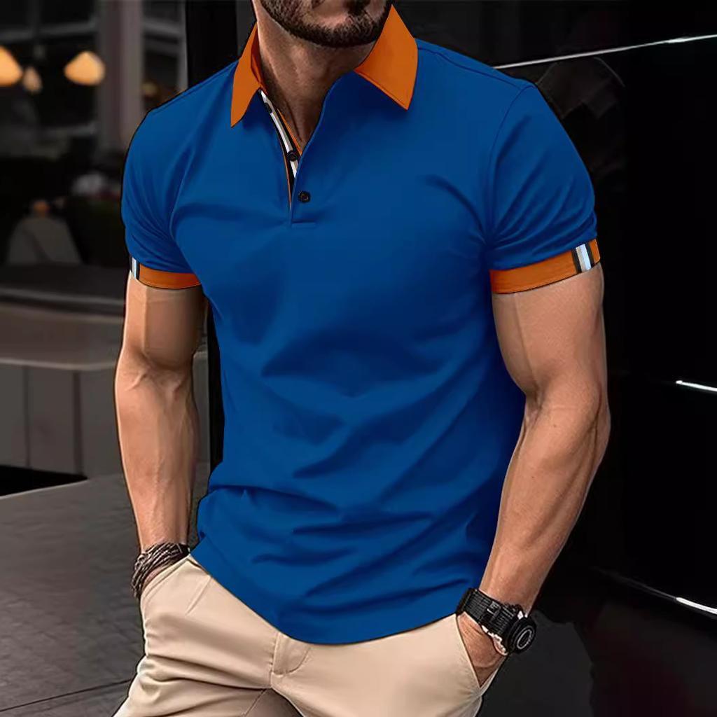 Men's Spring Summer Button Polo Shirt Short Sleeve Color Block T-shirt Fashion Casual Turn-Down Collar Top