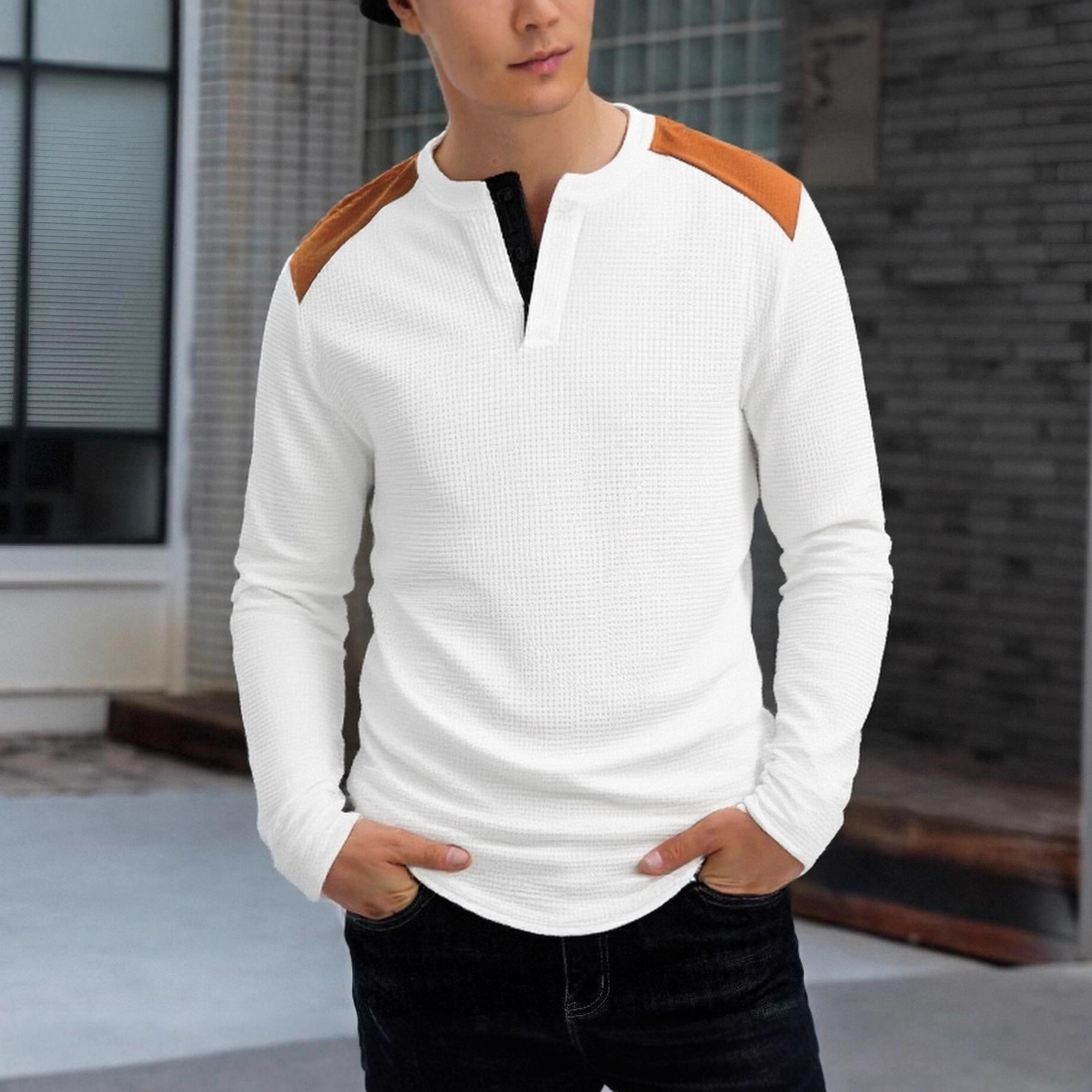 

New Men s Men s Waffle Casual Versatile Two-color High Collar Button Long Sleeve Henley S