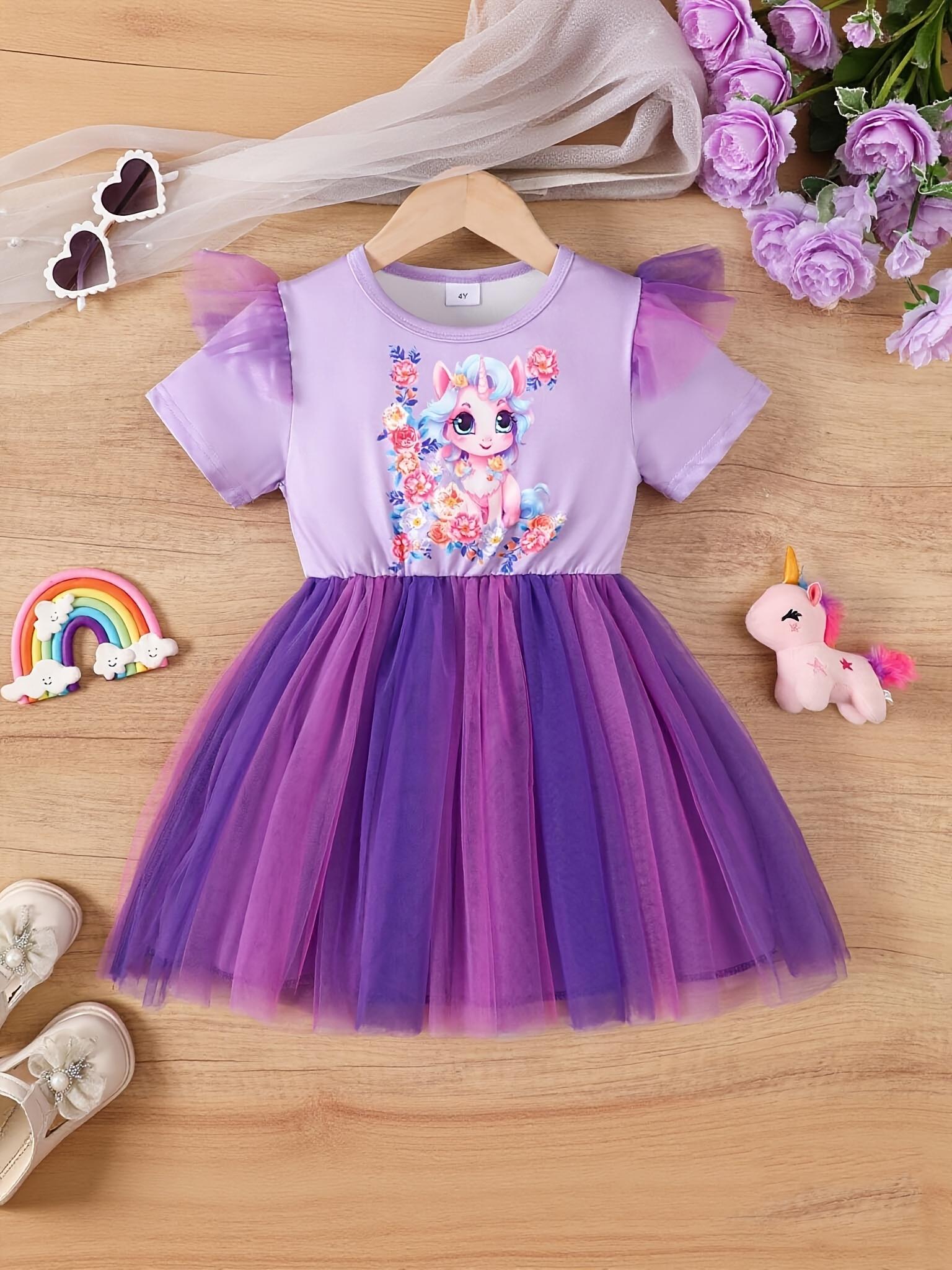 Girls Dress Age 4-7 Years Unicorn Print Summer Dress Kids Princess Tulle Party Dress for Little Girl Birthday Outfit 4Y