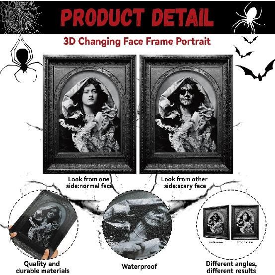 ZOIIWA 10 PCS Halloween 3D Changing Face Moving Picture Gothic Mansion Portrait Horror Scary Pictures Portraits Posters for Party House Castle Wall