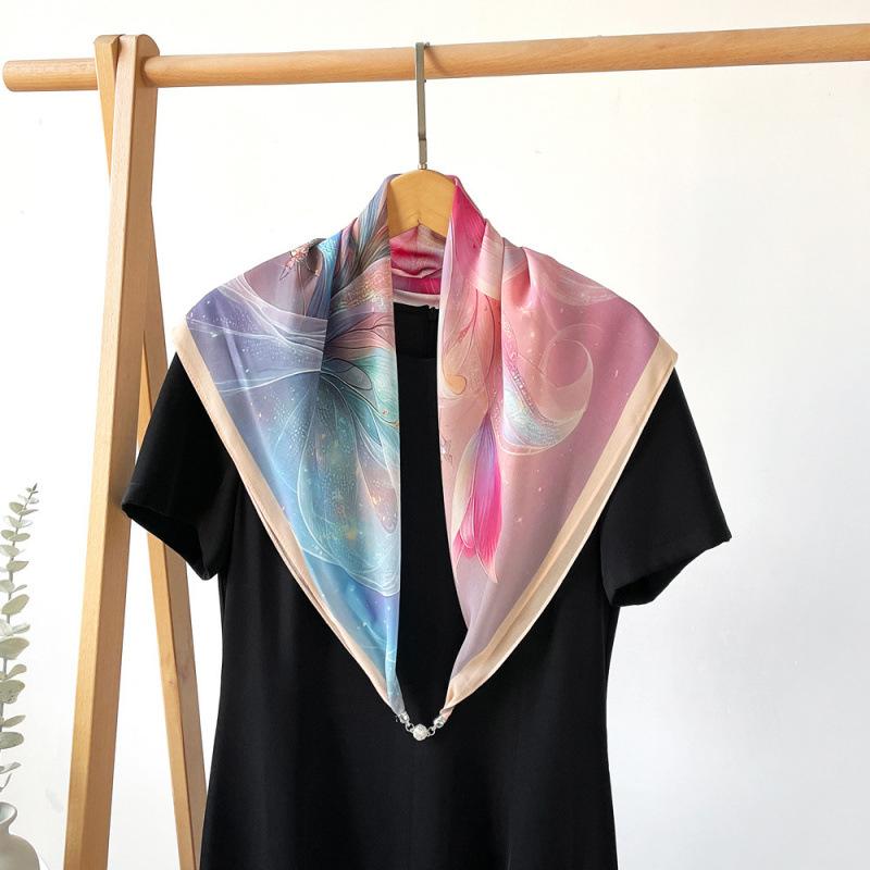 Potato Shiny National Style Silk Scarf Magnetic Buckle Necklace Pendant Square Scarf Neck Scarf Shawl Dual-purpose Sunscreen Scarf