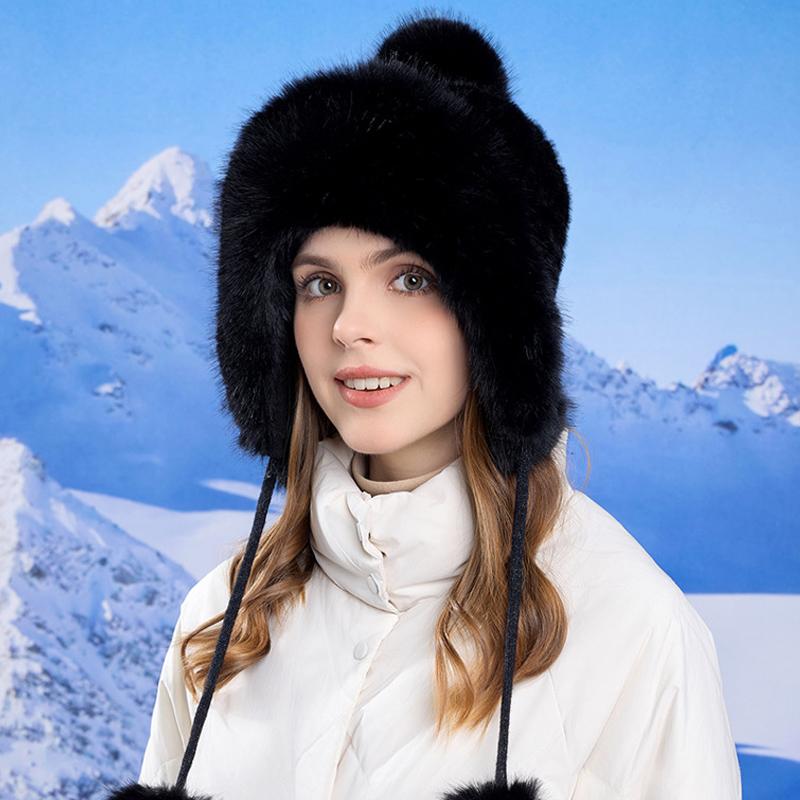 Winter Thick Coldproof Cap Plush Ball Warm Ear Protection Cap Women's Big Head Circumference Bomber Hat