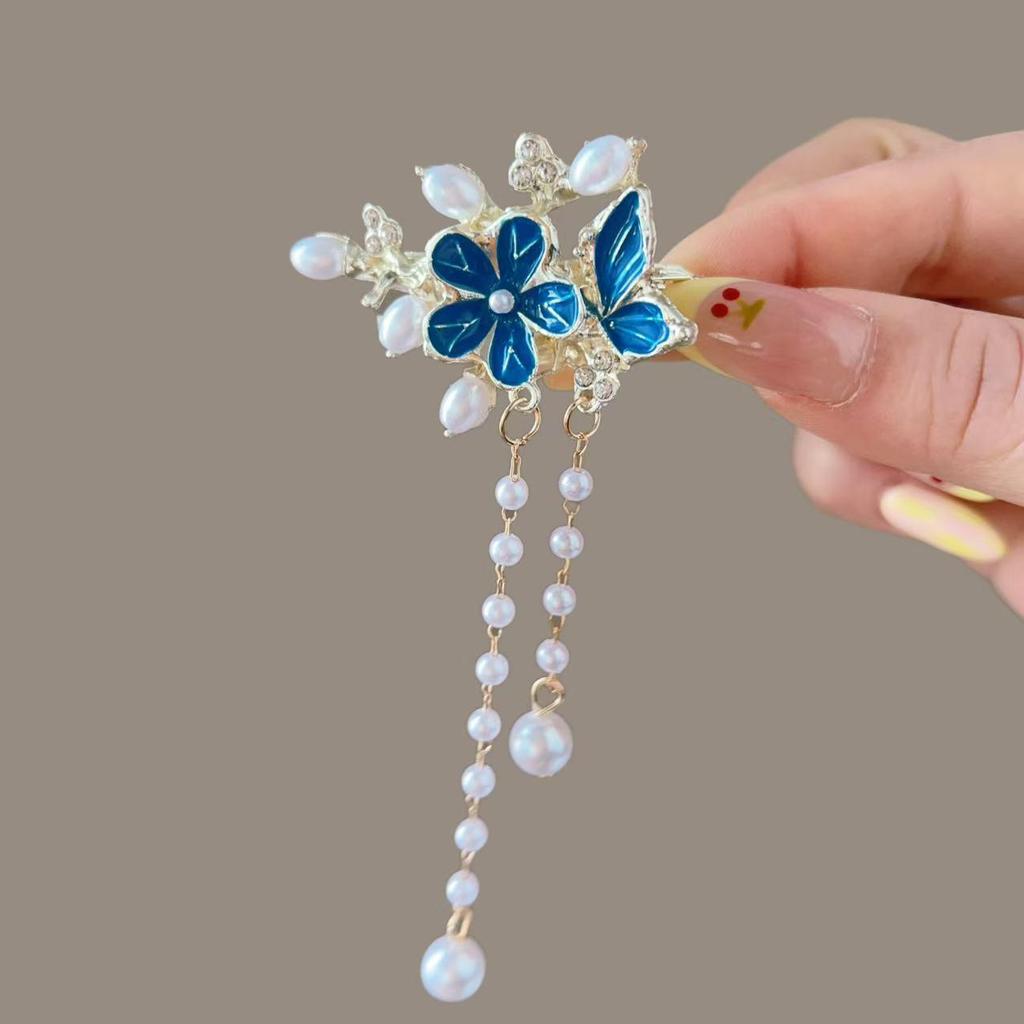 Elegant Blue Cloud Pearl Hairpin with Tassel