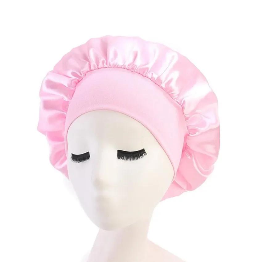 

Women Satin Solid Shower Cap Sleeping Hat Bonnet De Nuit Night Sleep Cap Hair Care Bonnet Nightcap Wide Elastic Band Unisex Cap розовый