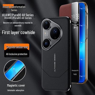 Huawei Pura90 Pro Max Flip Phone Case: Premium Cowhide Magnetic Smart Window Protective Cover.