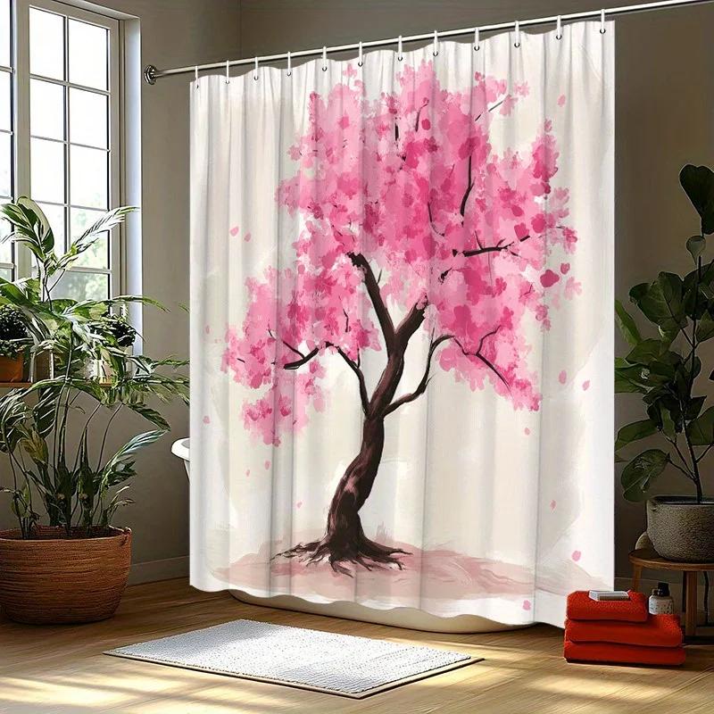 1pc Pink Blossom Tree Shower Curtain - Soft Impressionistic Design, Polyester, 70.8x70.8In, 12 Hooks, Washable & Durable
