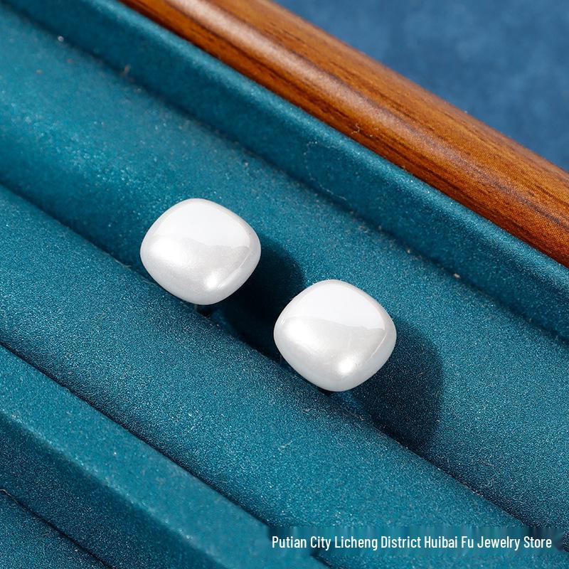 Elegant Faux Pearl S925 Silver Stud Earrings for Women - Square Design 925 Silver