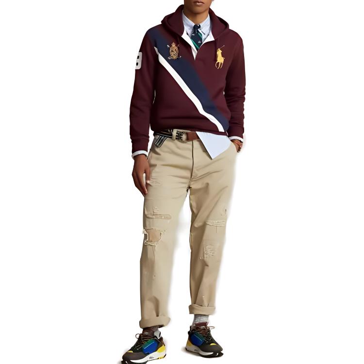Polo Ralph Lauren Badge Stripe Number Print Hooded Pullover Long Sleeve Sweatshirt Men Sweatshirt Red MNPOKNI16823-180