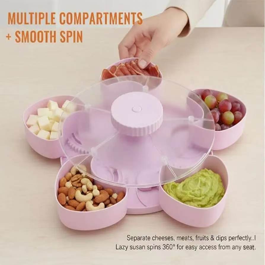 Divided Snack Serving Tray With Spin Function For Home Party And Gift Use