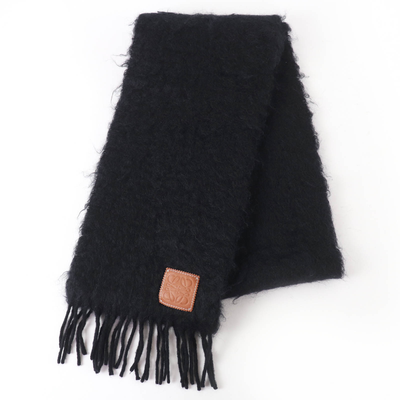 Great LOEWE Scarf Anagram leather patch with fringe black mohair Women Used