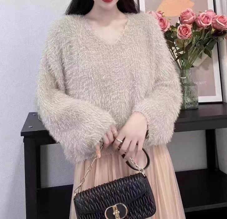 Imitation mink velvet v-neck soft waxy knitted sweater top autumn and winter new casual fashion outer with bright silk pullover sweater women