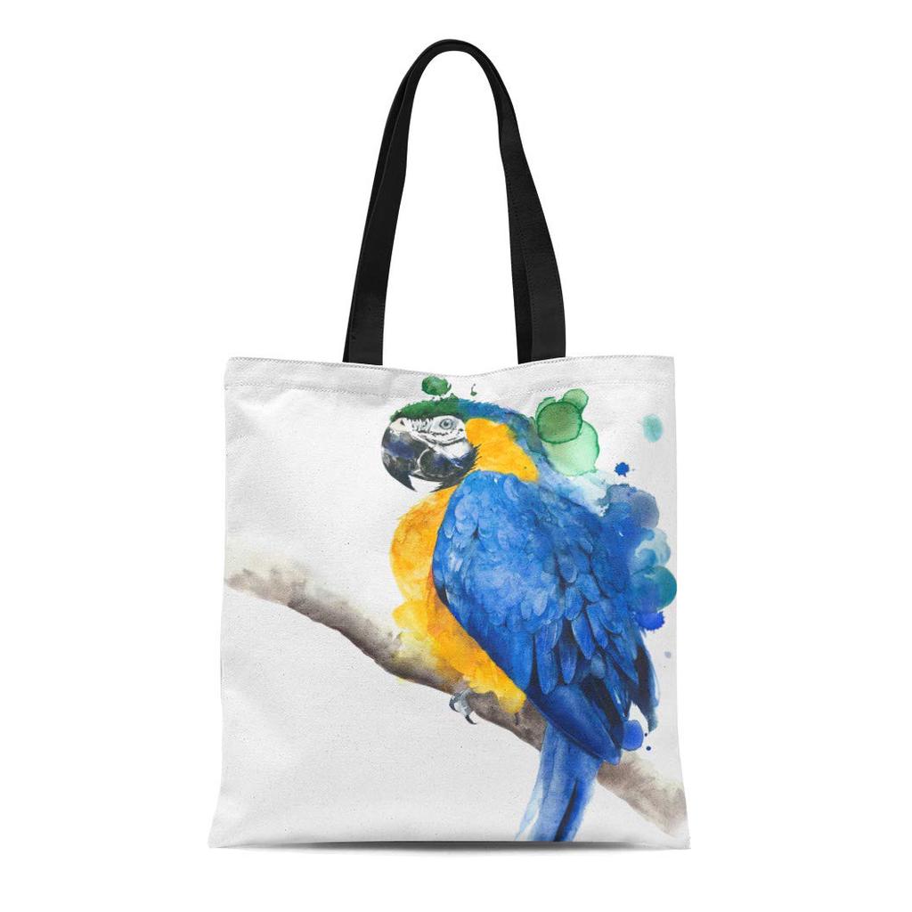 Canvas Tote Bag Colorful Parrot Macaw Blue and Yellow Colors Watercolor Painting Reusable ...