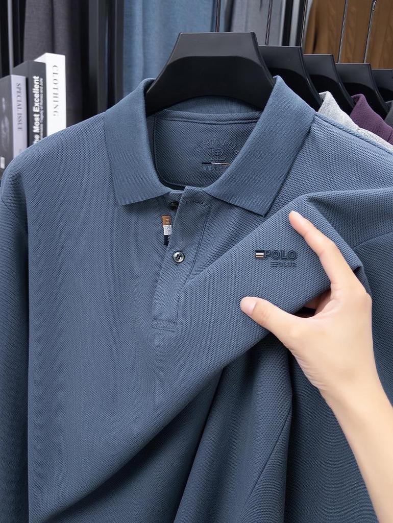 Polo homme Douyin automne en coton - Col rabattu, manches longues, couleur unie, coupe décontractée