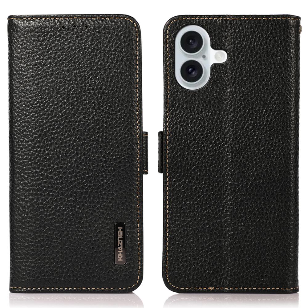

KHAZNEH For iPhone 16 Case Genuine Cow Leather Phone Cover RFID Blocking Wallet Black