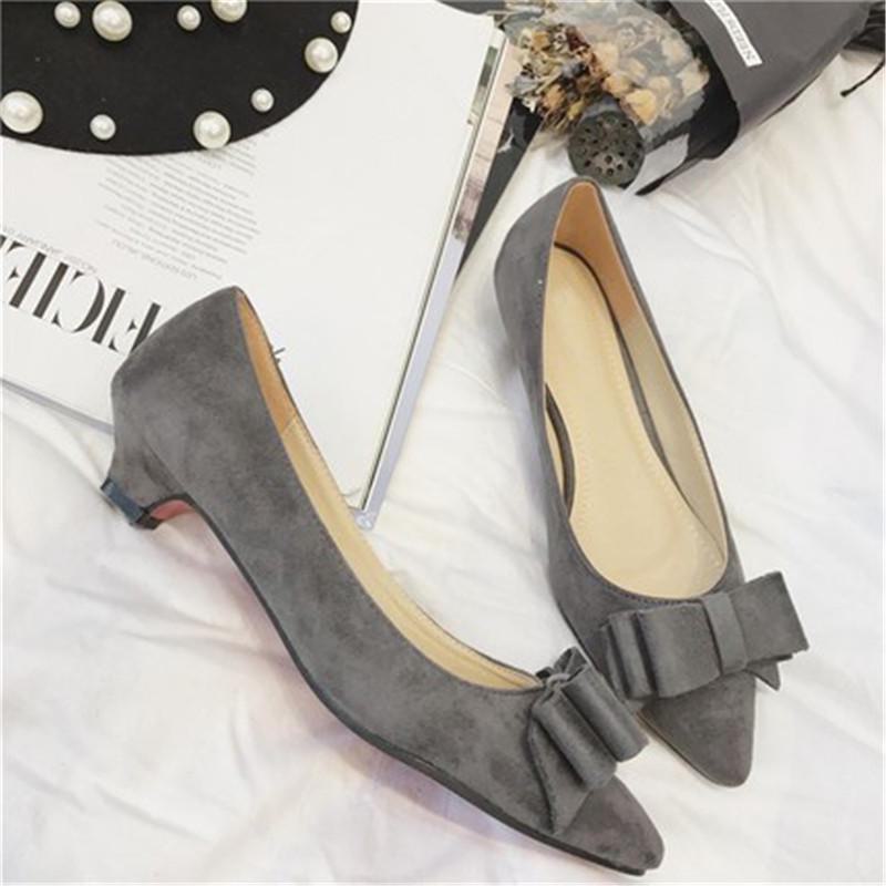 Korean Spring Women's Suede Low-Heel Black Shoes with Sweet Butterfly Design