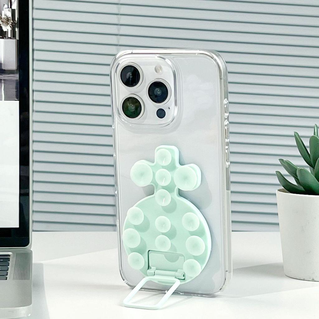 Magnetic Liquid Silicone Phone Case with Adhesive Metal Ring and Retractable Suction Cup Stand