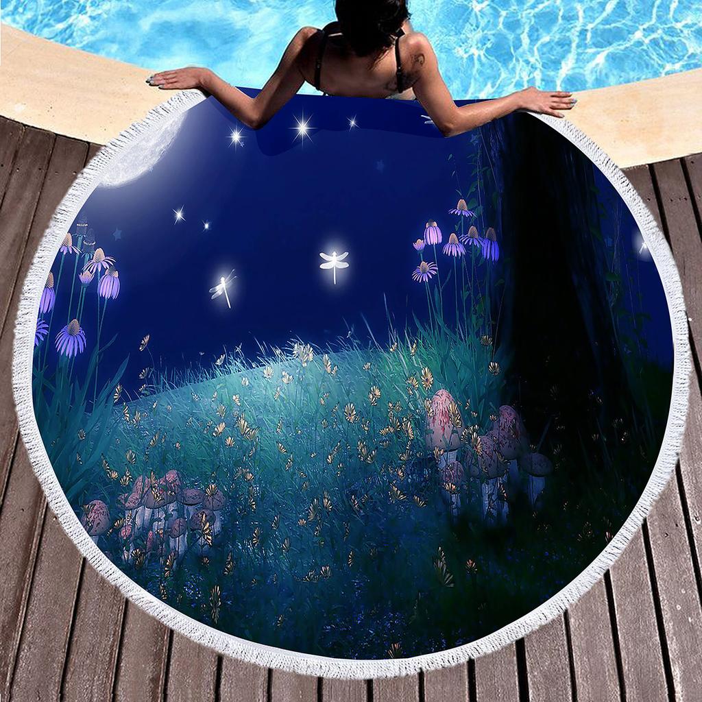 Celestial Bodies Moon Blue Night Sky Round Beach Blanket Super Soft Polyester Absorbent and Sandproof Beach Towel Picnic Blanket