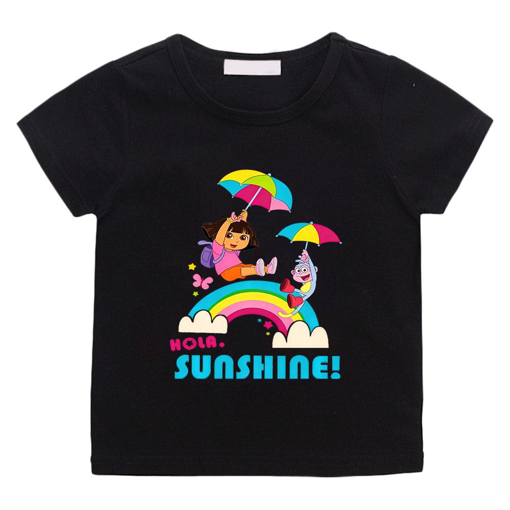

100% Cotton Dora Cartoon Print Kids T-shirt 2-12Y Boys Girls Unisex Fashion Anime Short Sleeve O Neck Casual Tops Toddler Summer 100 чёрный