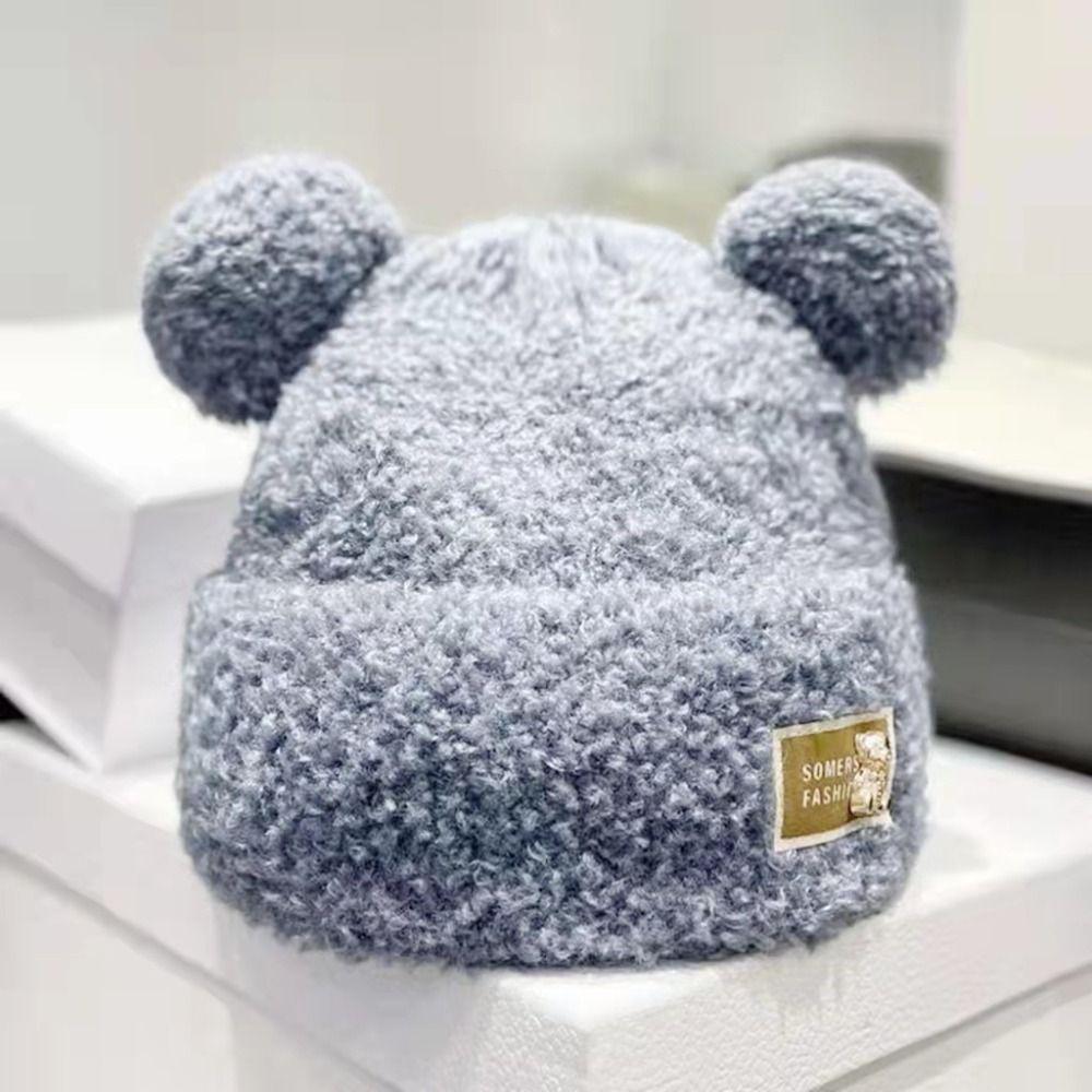 Cartoon Cat Ear Skullies Letter Winter Cap Cute Plush Bear Beanies  Streetwear