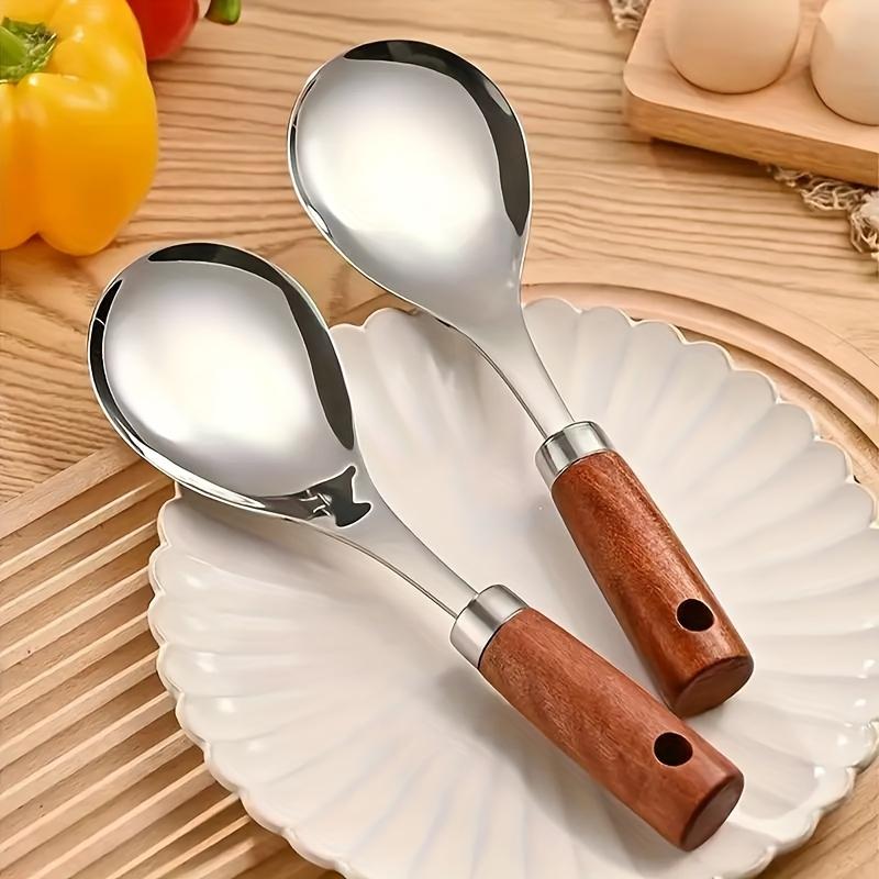 [Stainless Steel | Wooden] 2pcs Stainless Steel Wooden Handle Soup Spoon Set - Non-Stick Kitchen Utensils for Cooking, Dining