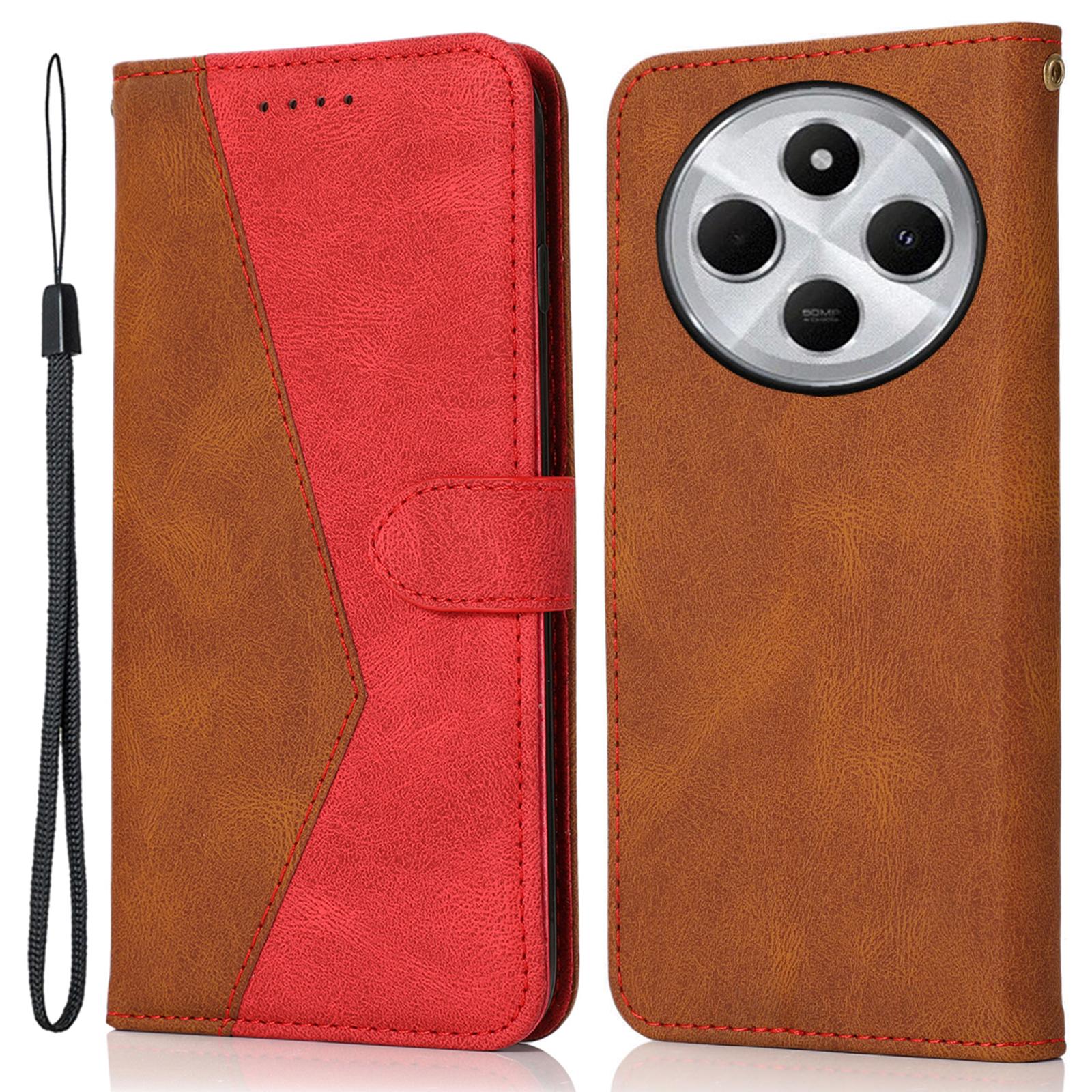 

For Xiaomi Poco C75 4G/Redmi 14R 5G/14C 4G Cover Color Splicing Wallet Stand Leather Phone Case with Wrist Strap E
