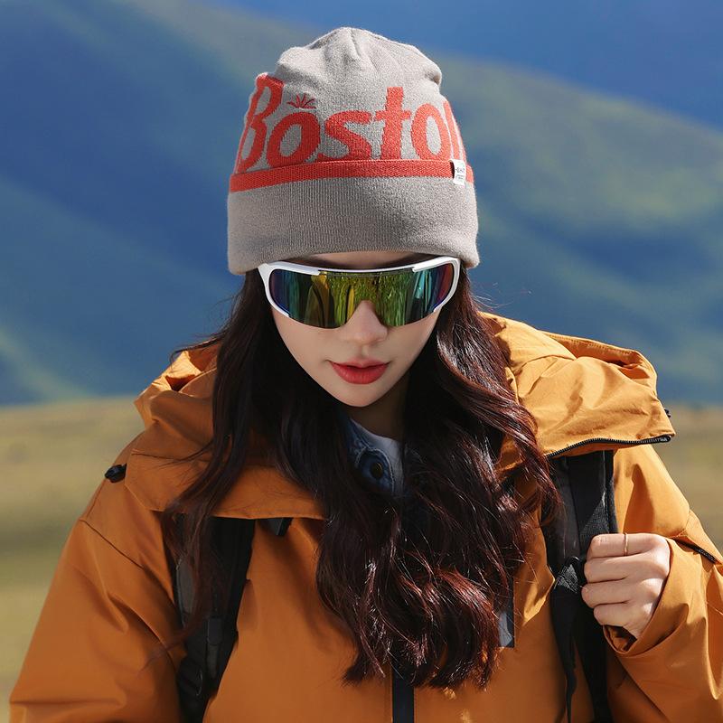 Fashion knitted hats men's and women's autumn and winter warm ear protection letter cold hat outdoor versatile big head circumference wool hat