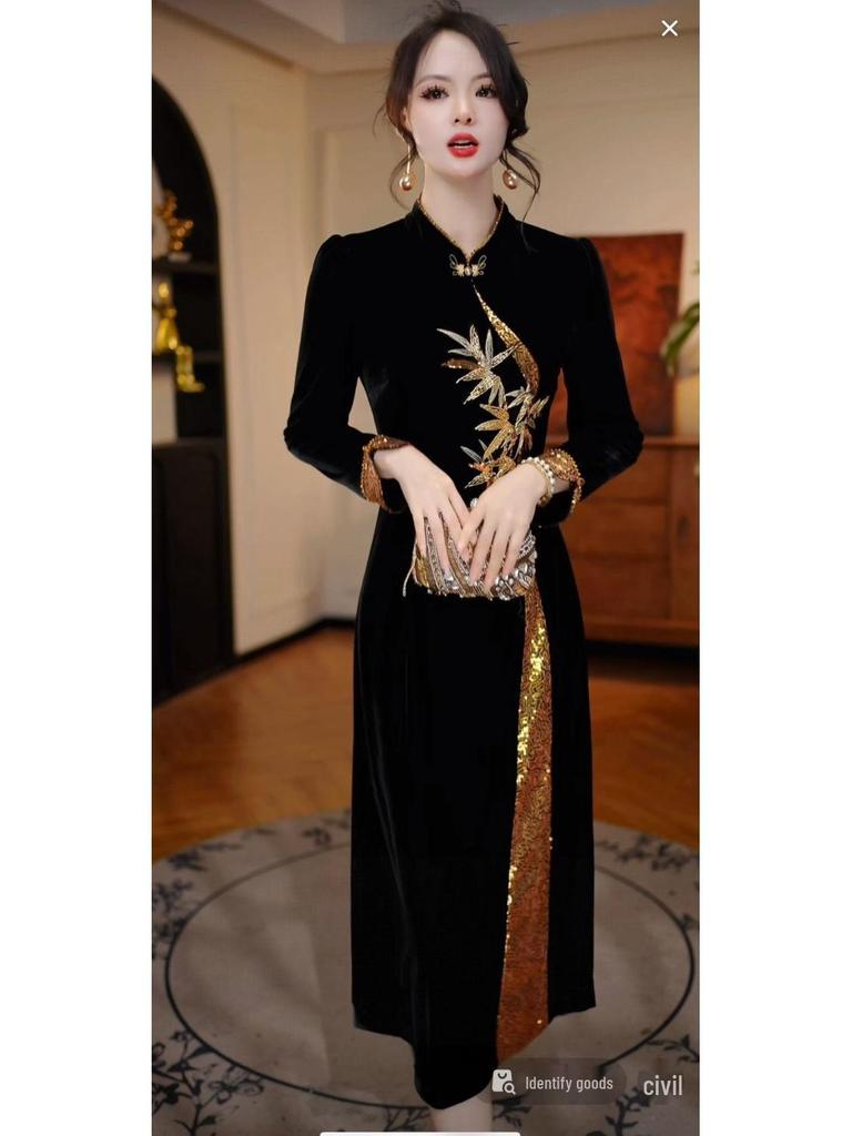 Elegant Winter 2026 Chinese Velvet Qipao Dress - Slimming Mid-Length Skirt