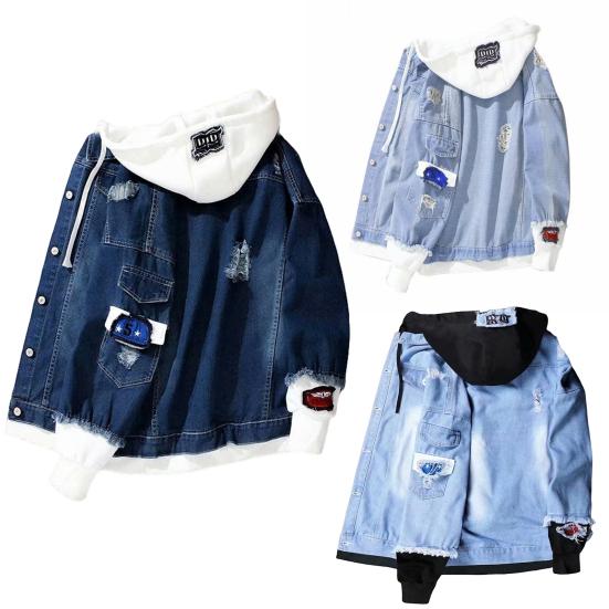 Jean Jacket Fake Two Piece Hooded Contrast Color Streetwear Spring Autumn Loose Single Breasted Outerwear Coat for Outdoor
