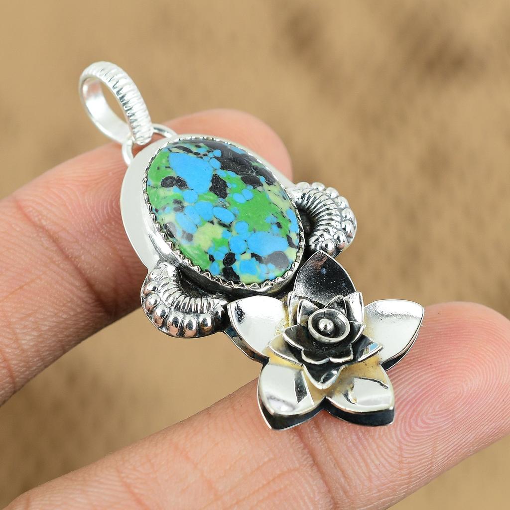Womens day Sale Mosaic Balloon Jasper Gemstone 925 Silver Wife Flower Pendant