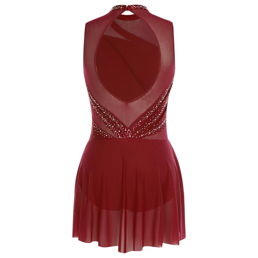 Womens Gymnastics Artistic Figure Skating Ballet Lyrical Dance Leotards Dress Rhinestones Built -In Crotch Buttons Briefs Dress