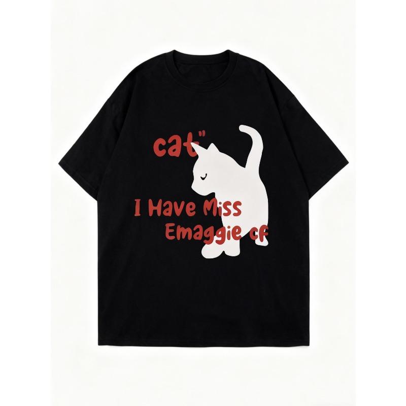 Oversized T Shirt Black Cat Graphic Print With Text I Have Miss Emaggie cf Casual Wear For Women Streetwear Fashion Summer Top