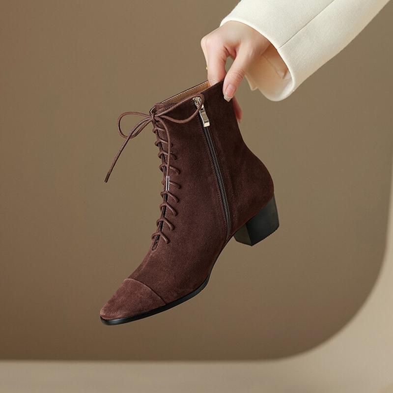 Fashion NEW Autumn Women Boots Kid Suede Leather Shoes for Women Round Toe Chunky Heel Shoes Lace-up Zip Ankle Boots Comfort Daily Shoes