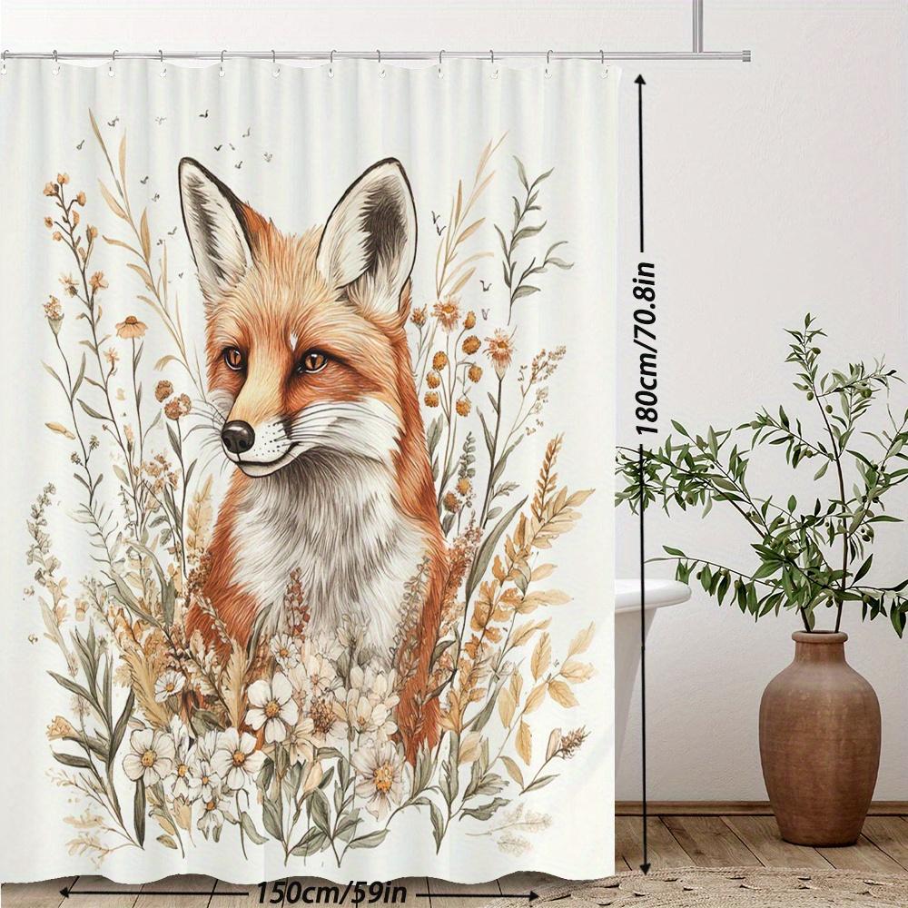Fox Botanical Shower Curtain – Amber-Eyed Fox In Wildflowers, 12 Hooks, 70.87×70.87 In, Polyester, Machine Washable