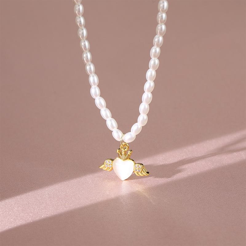 Freshwater Pearl Angel Love Necklace Women'S Light Luxury High-End Sense Opal Pendant Exquisite Collarbone Chain