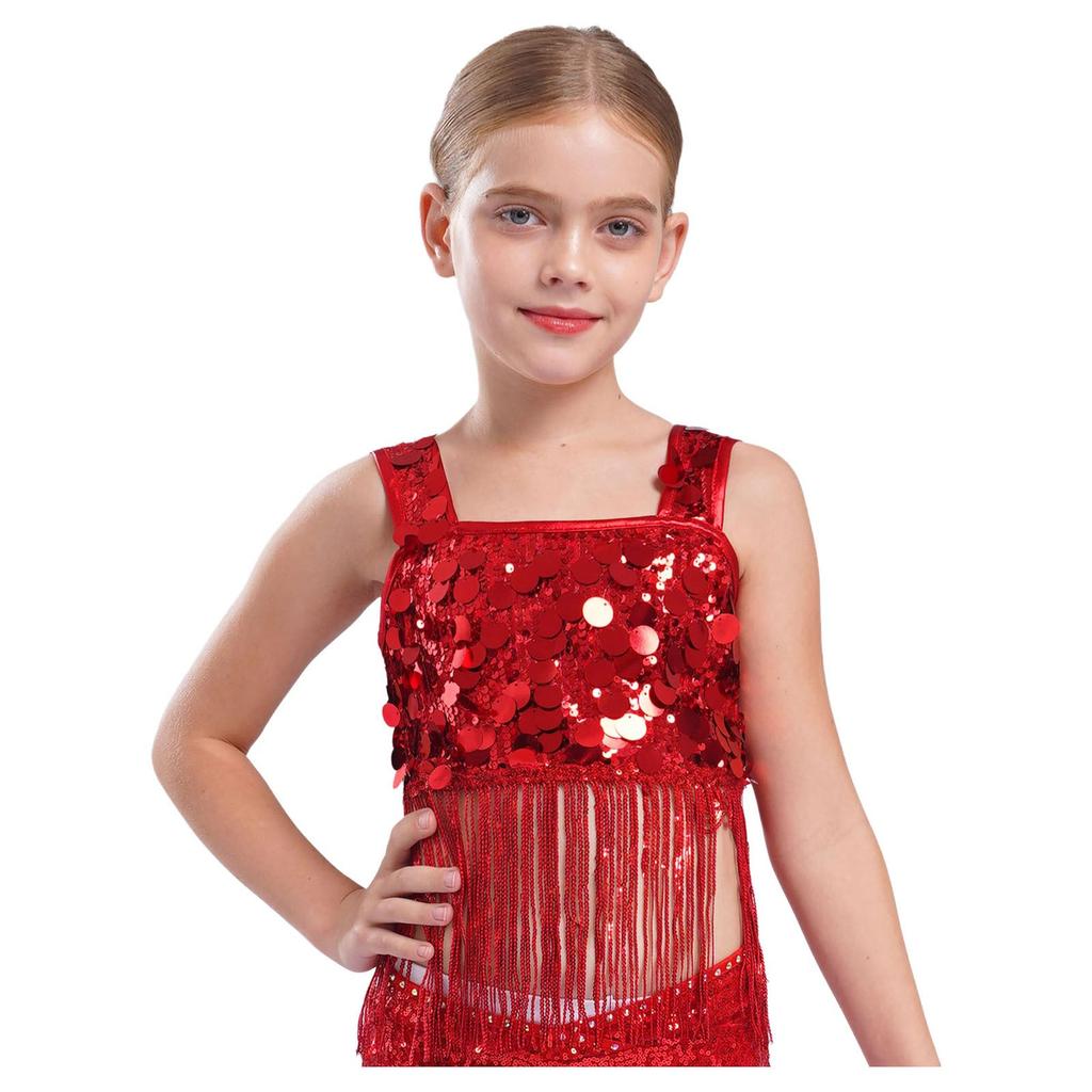 Dívčí taneční crop top se širokými ramínky a třásněmi z lesklých flitrů pro jazzové párty vystoupení