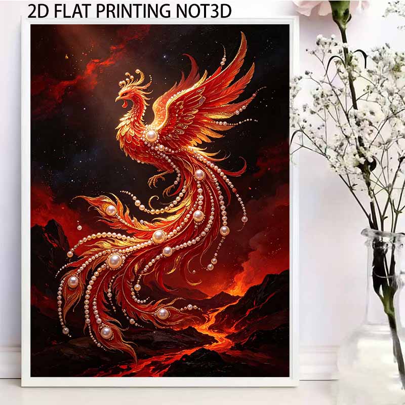 DIY 5D Pearl Bead Painting Kit with Frame Phoenix Fire Bird Shiny Canvas Art for Bedroom Wall Decor and Gift for Home Office Living Room Decor